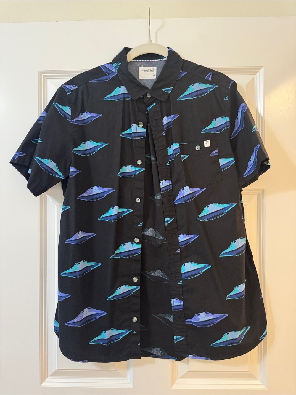 Sovereign Code Black Short-Sleeve Button-Up with Blue & Teal UFO Print